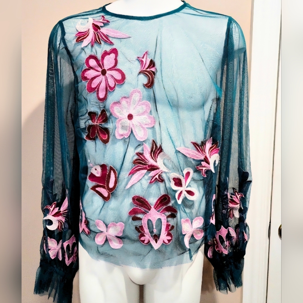 NWT By Anthropologie Long-Sleeve Applique Cropped Mesh Top Size 1X